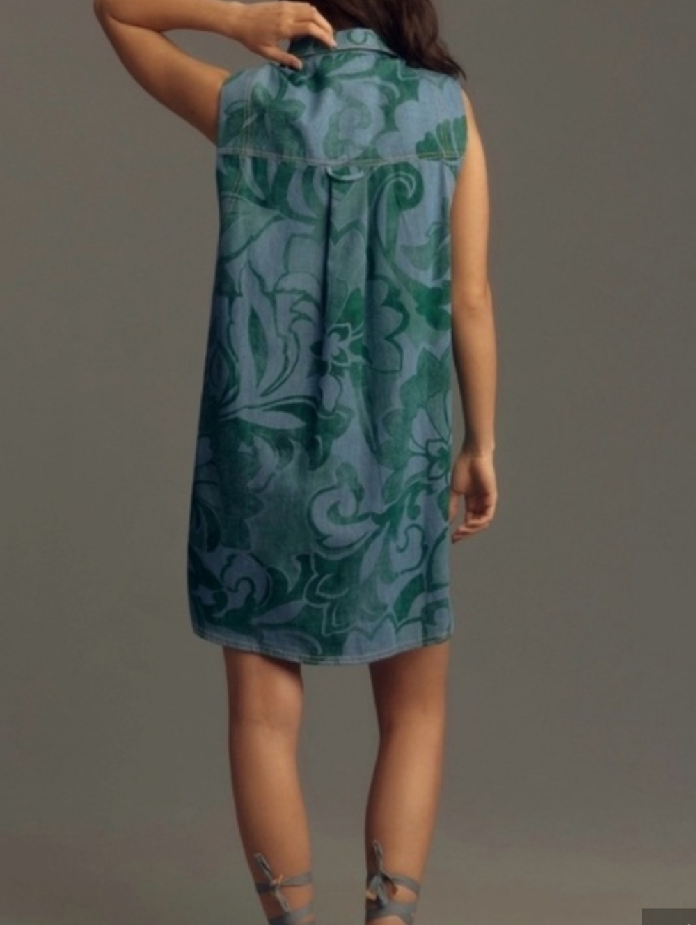 Anthropologie Pilcro Denim Shift Dress Green Floral Sleeveless Button Front Size - Picture 2 of 13